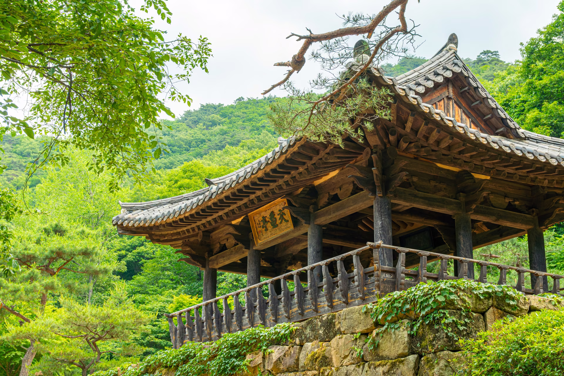 돌로 높이 쌓은 기단 위의 교귀정