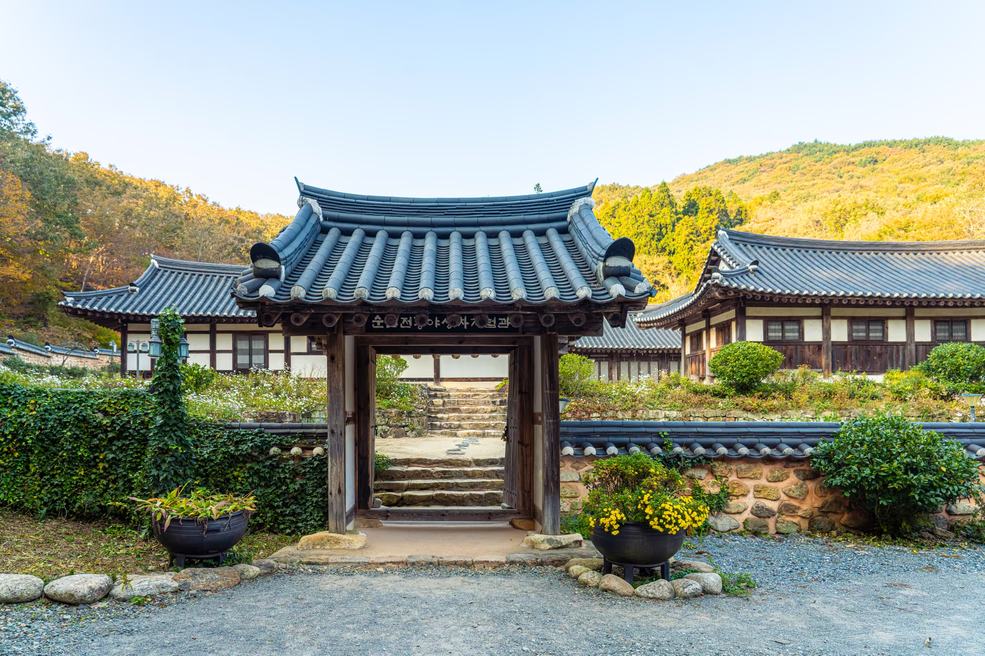 현판 ‘순천전통야생차체험관’을 단 대문과 노란 국화를 심은 무쇠솥 화분